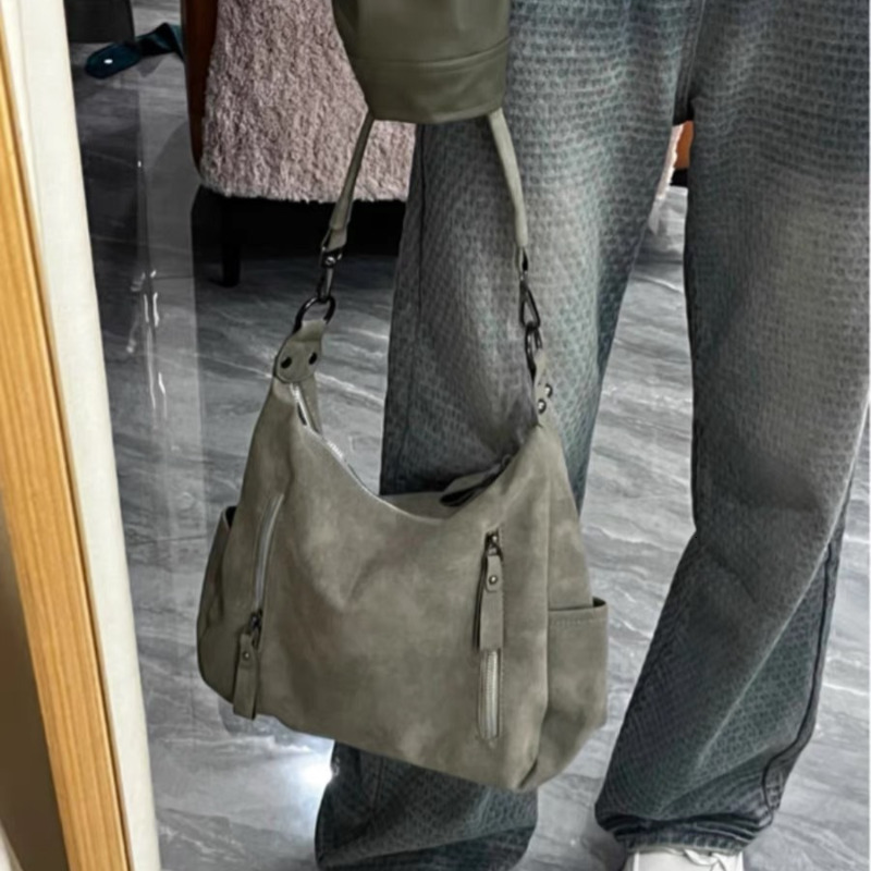 2024 Y2k Vintage PU Leather Shoulder For Women Female Gray Underarm Fashion Large Capacity Handbags Commuter Tote Bags