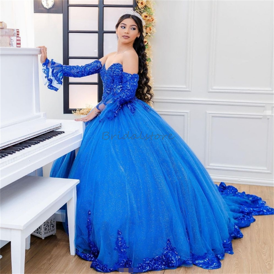 Sparkly Royal Blue Quinceanera Dresses 2025 Glitter Sequins Fifteen Birthday Party Dress Sweetheart Appliques Corset Vestidos De 15 Anos Quinceaneras 
