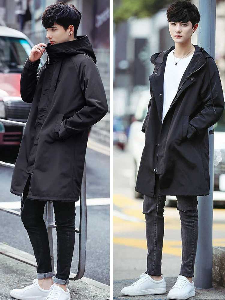 Spring and Autumn Changgou Coat Mens Fashion Hooded Windproof Jacket Black Coat Casual Jacket W241007