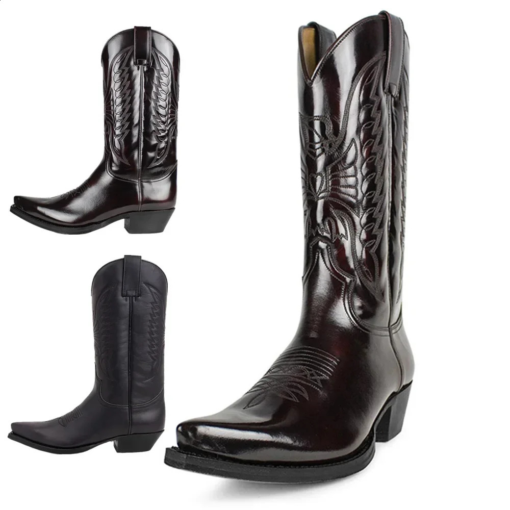 Cowboy Boots for Men Vintage Knight Shoes Leather Embroidery Mid Heel Motorcycle 2023 Casual West Boot Botas 240924 0198