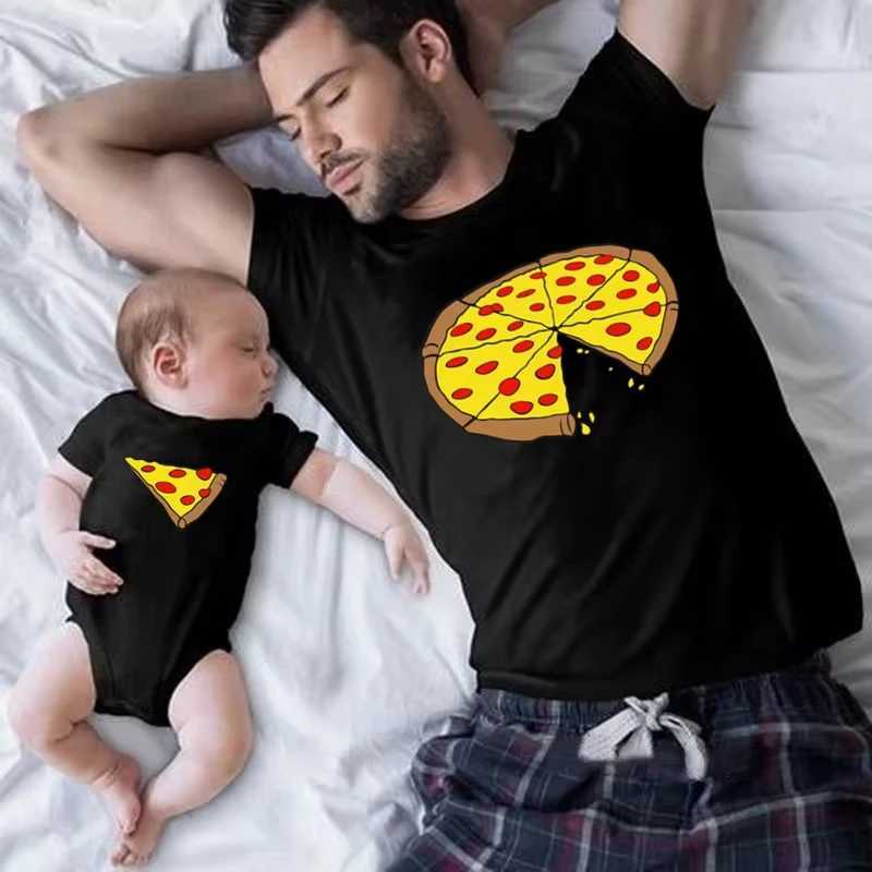 Funny Pizza Print Father Mother Kids T-Shirt Baby Bodysuit Cotton Summer Family Matching Outfits Mom Dad Children Match ClothesXJ241008
