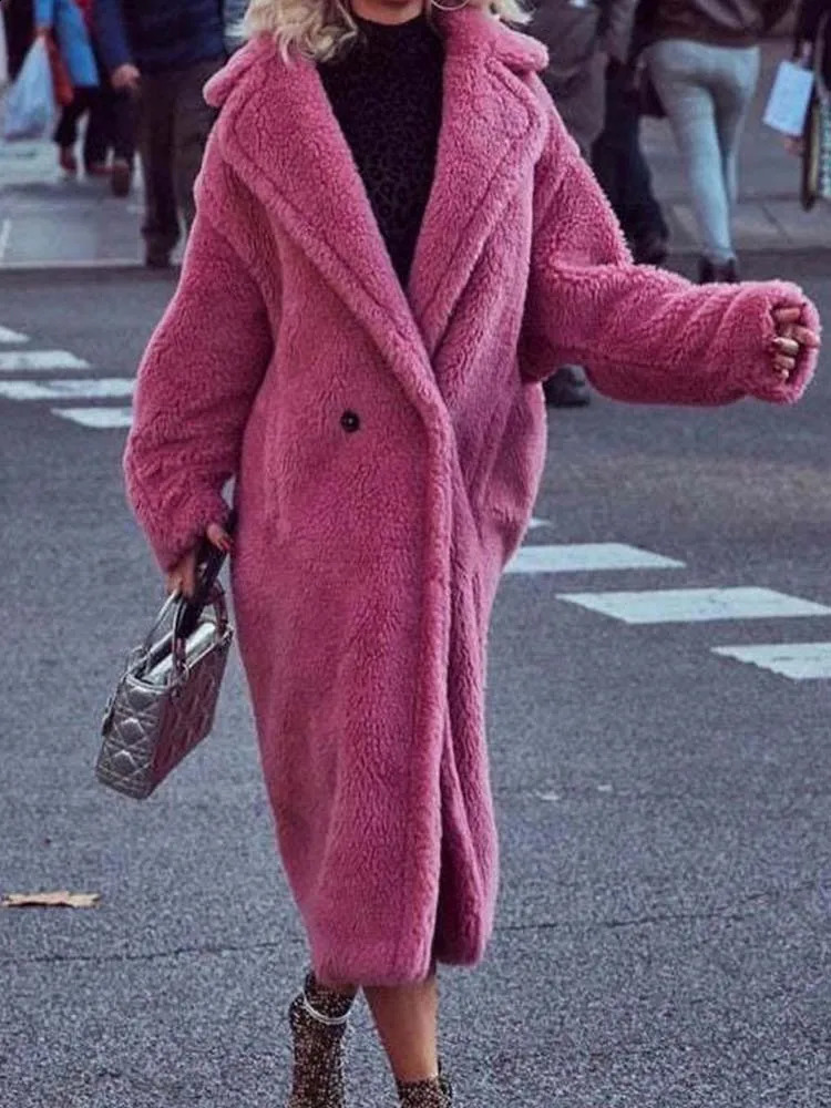 White wool coat womens winter thick warm teddy ultrafine casual long sleeved lapel 241009