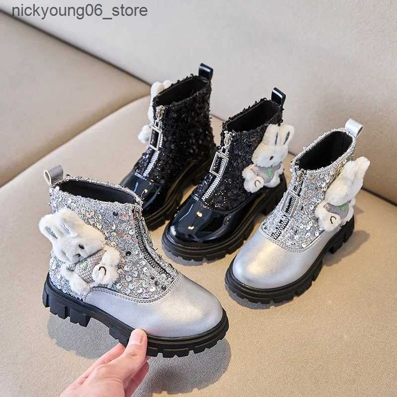 Boots 2024 Children Leather Shoes for Girls Autumn New Fashion Cute Rabbit Soft Anti-slippery Glitter Versatile Front Zip Short Boots L240910