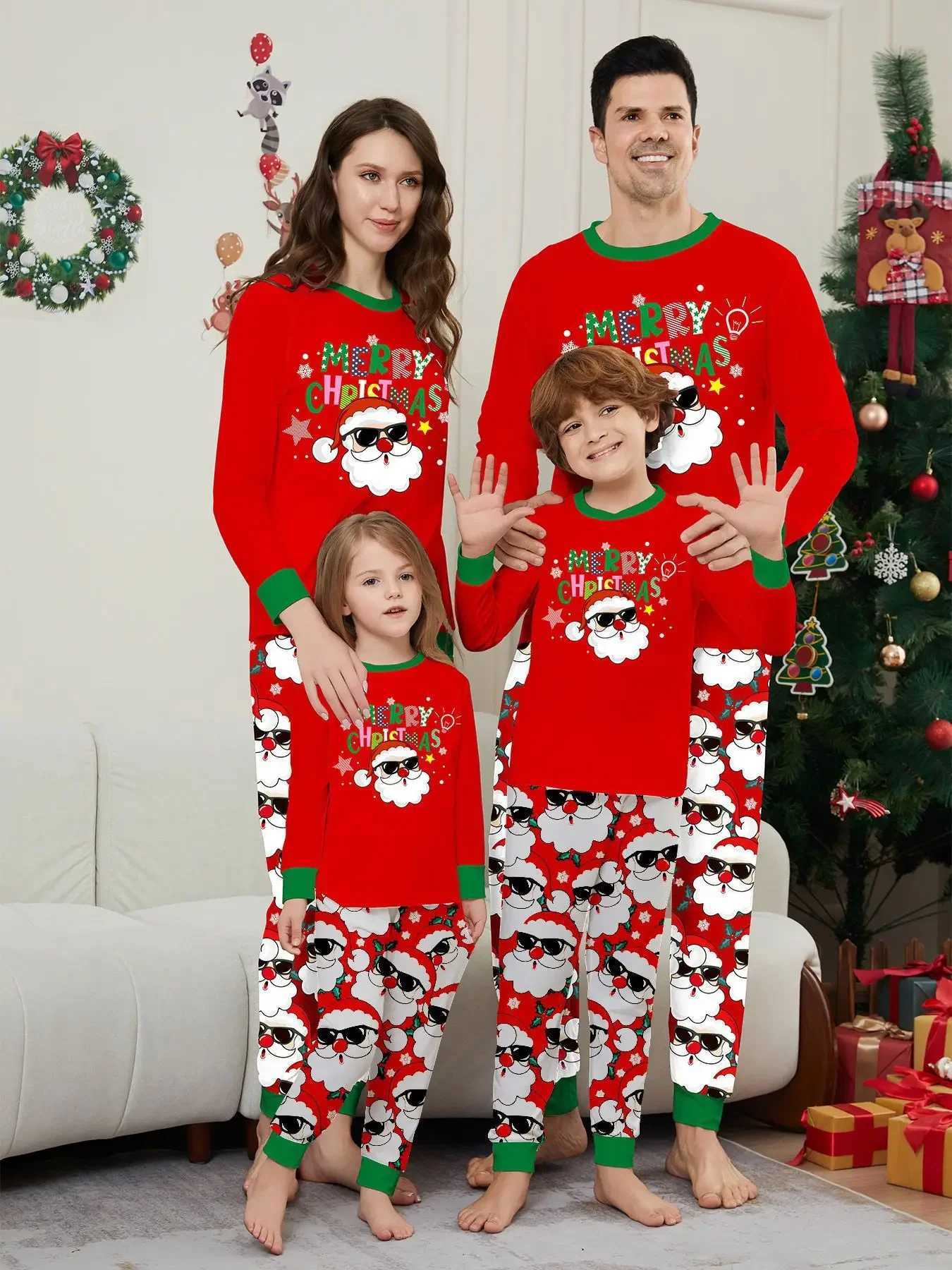 Merry Christmas Santa Claus printed home matching set soft and warm pajamas set casual and loose 2-piece set home clothes baby and dog Pjs W241008