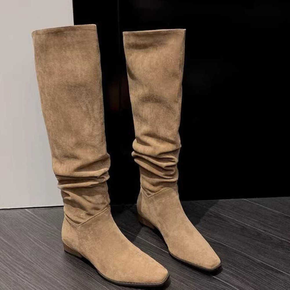 Pile Up Martin Boots Square Toe Thick Fashion Boots Knees Long Tube Boots Womens Knight Boots Slim Tall Western Cowboy Boots 240826