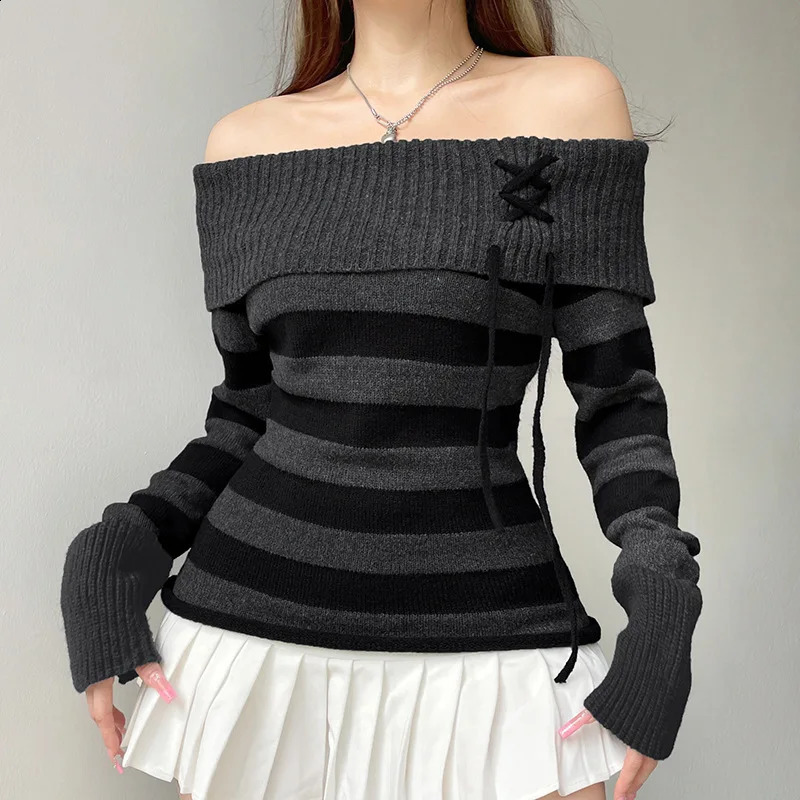 Y2K black striped sweater shoulder knit sweater ultra-thin slim fit top for women winter womens black gray sweater 240927