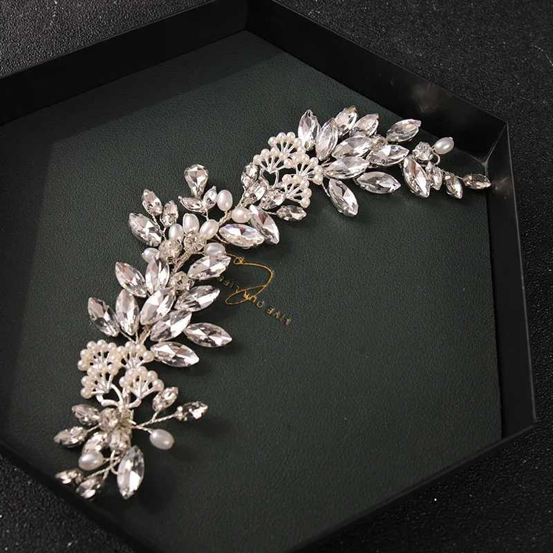 Silver Crystal Pearl Leaf Headband Hairband Female Bride Wedding Hair Accessories Jewelry Vine Headband W241007
