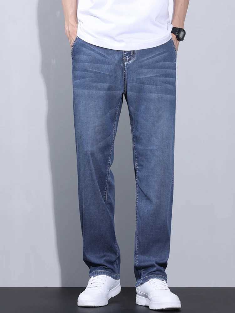Ultra thin mens jeans straight Lyocell gray breathable pocket pants casual soft mens jeans TrouserW240715