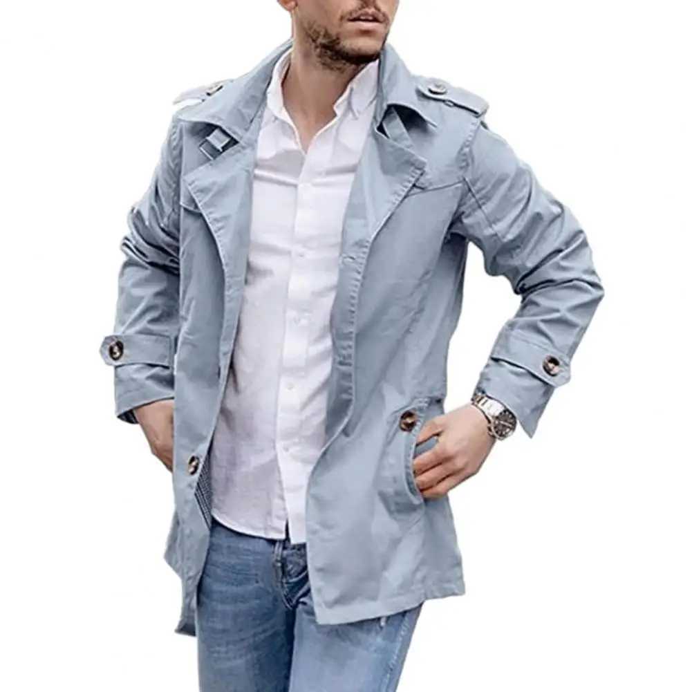 Mens Trench Coat Regular Fit Jacket Fashionable Mens Medium Length Trench Coat Windproof Casual Street Wear Jacket with Collar Suitable for Autumn W24