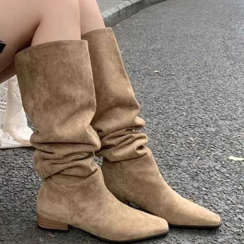 Pile Up Martin Boots Square Toe Thick Fashion Boots Knees Long Tube Boots Womens Knight Boots Slim Tall Western Cowboy Boots 240826