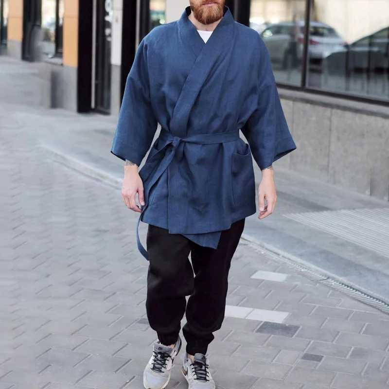 Mens trench cotton open seam coat solid long sleeved casual Japanese kimono streetwear loose open collar mens coat W241007