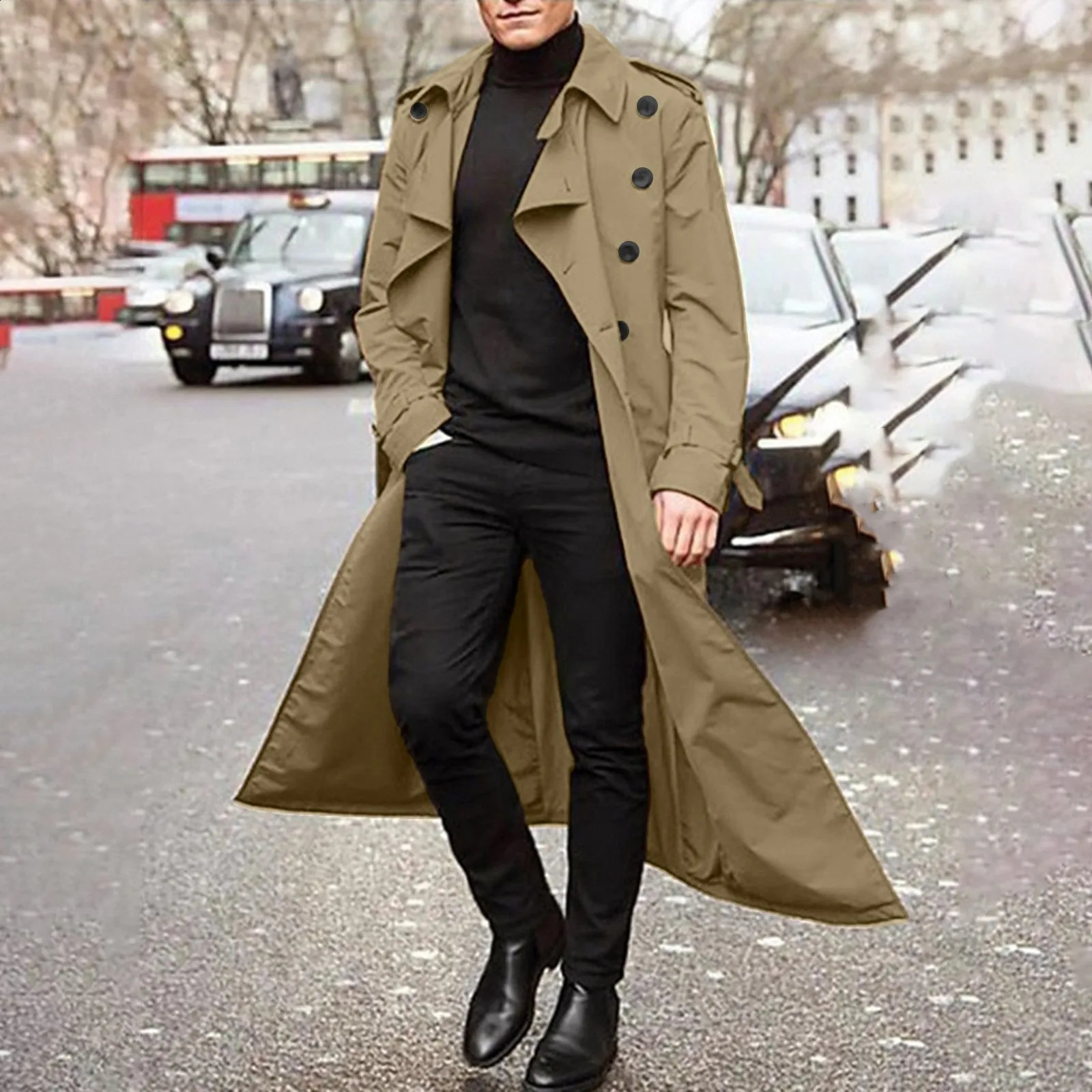 MenS Windbreaker Spring Autumn Long-Slevee Extra Long Trench Coat Classic Trend Double Breasted Solid Color Temperament Trench 241008