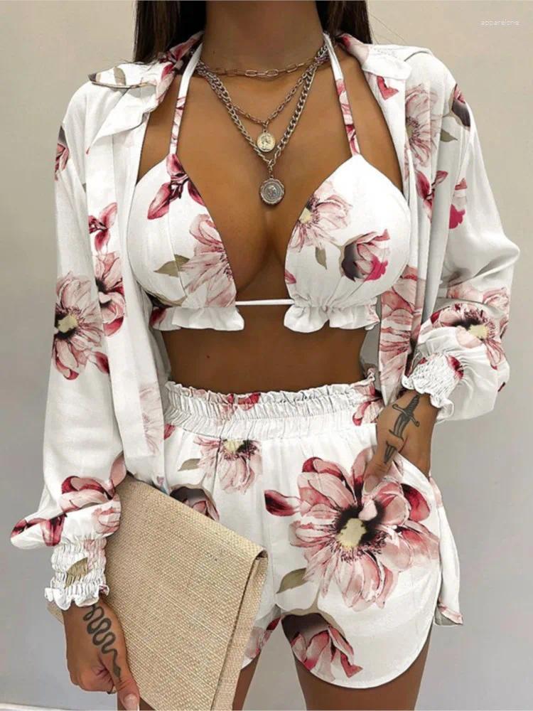Women's Tracksuits Bathing Suit Shorts Cover Up Summer Three Pieces Swimwear Women Sexy Beachwear High Waist Bikini Set Print Swimsuit