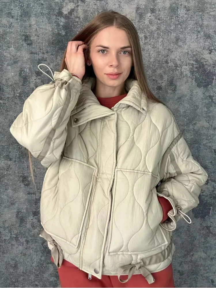 ZBZA Women Color Matching Jacket Quilted High Neck Long Sleeves Invisible Zip Button Big Pocket Warm Outerwear Winter Lady Coat 241007
