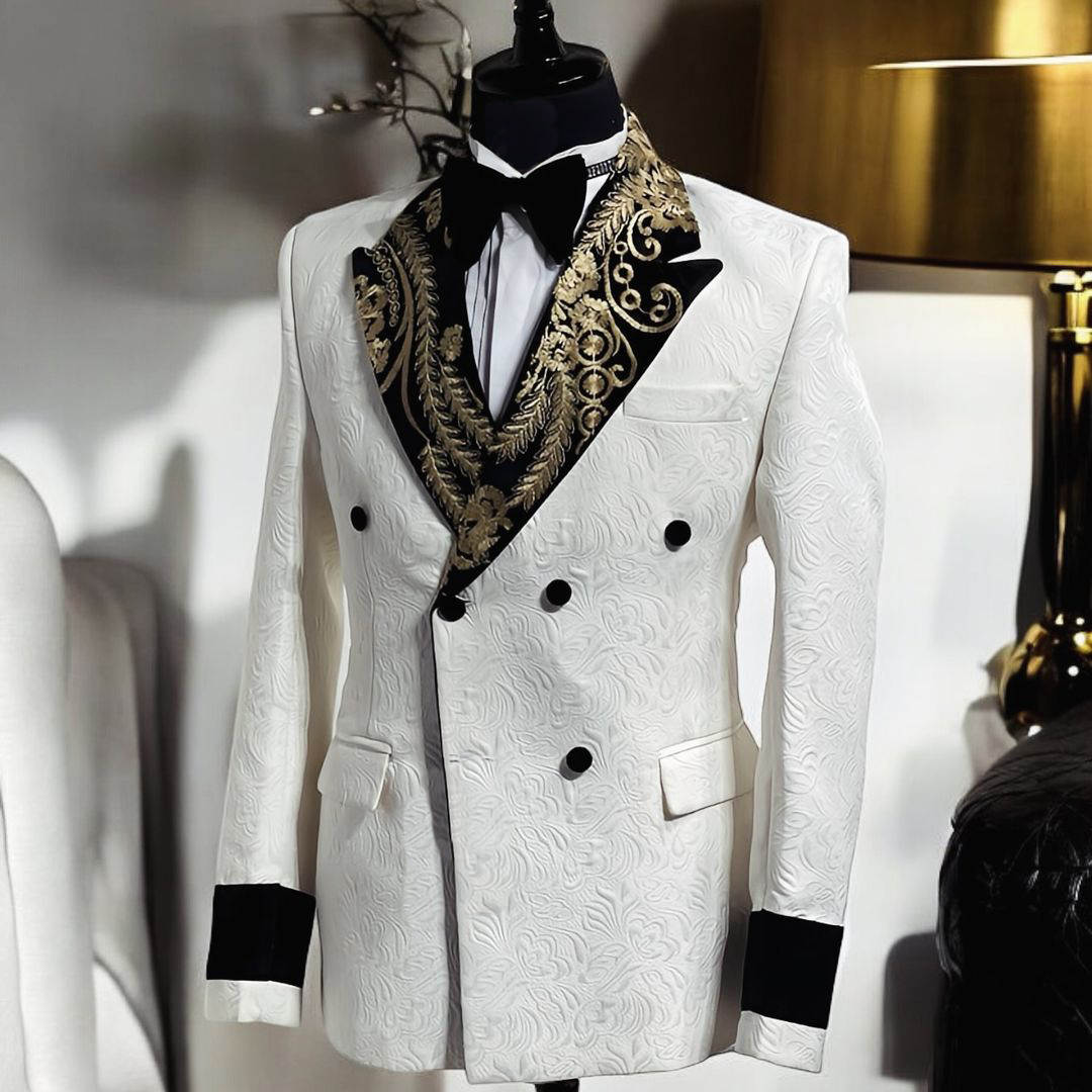 Elegant Wedding Suits Peaked Lapel Jacket 2 Piece Set Appliqued Jacquard Men's Tuxedo Tailored Dinner Prom Groom Blazer Custom Made(Coat+Black Pa