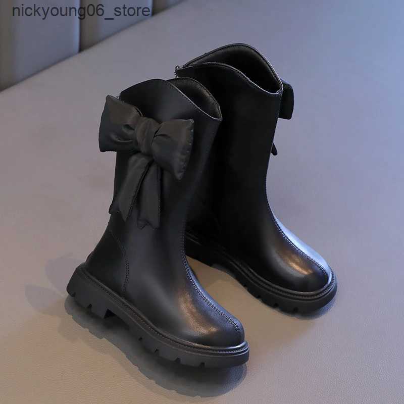 Boots New Winter Girls Princess Cotton Boots Elegant Bowknot Children Causal Boots Fashion Black Versatile Kids Simple Mid-calf Boots L240910