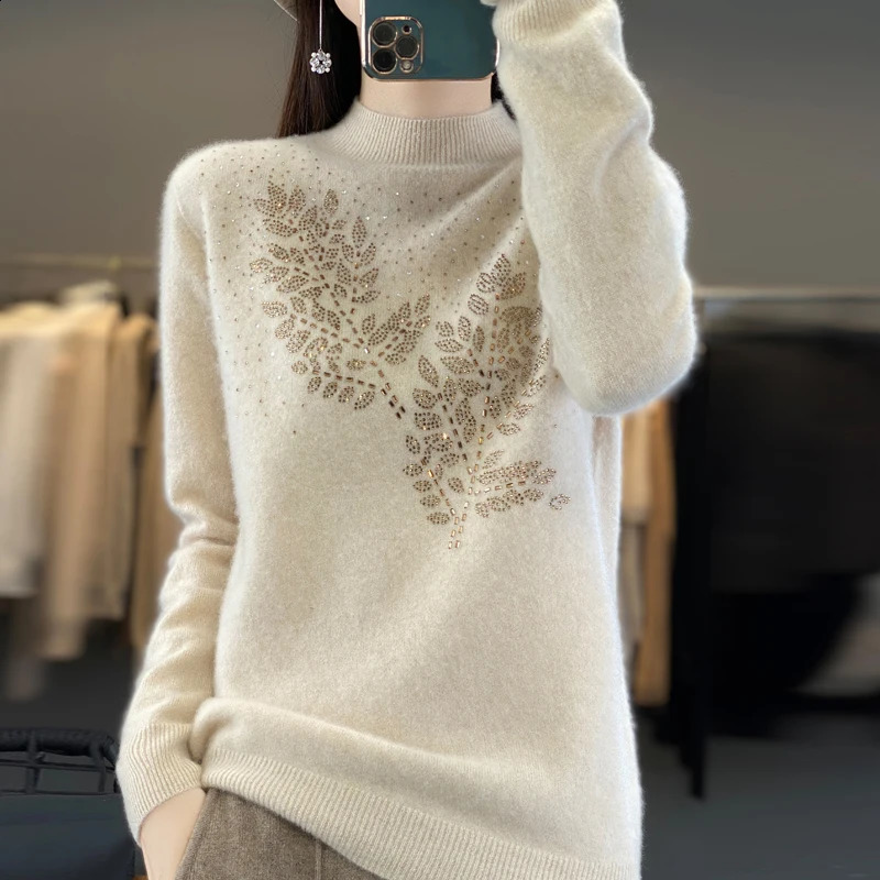 DjzDsm 100% Merino Pure Wool Womens Diamond Half Turtle Neck Sweater AutumnWinter Long Sleeve Knitted Top 241007