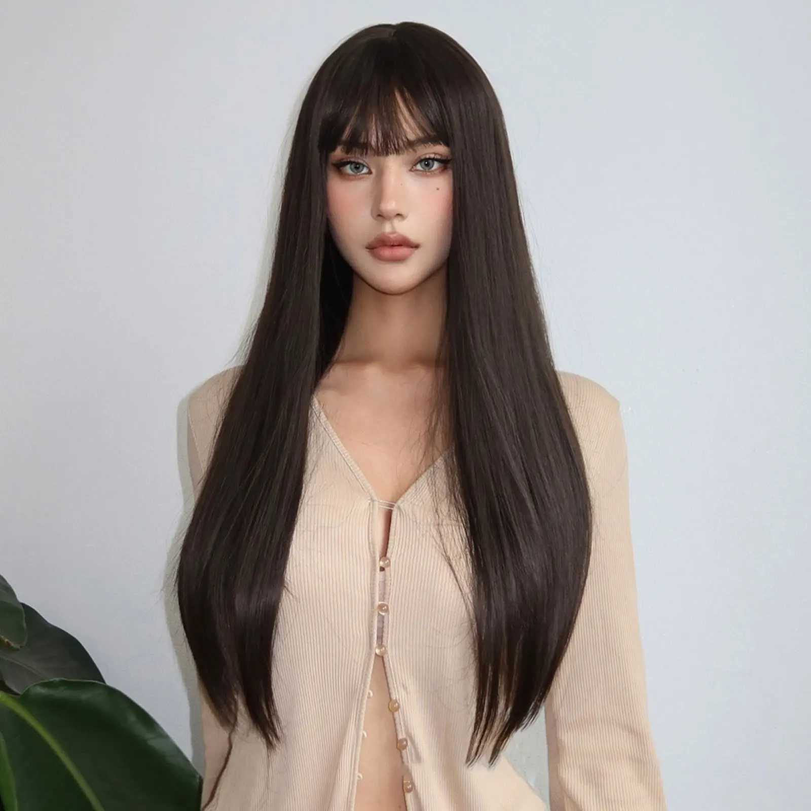 Long Straight Black Wig with Bangs 26 Inch Black Brown Natural Hairline Female Synthetic Wig for Women Daily Wear Mothets DayXJ241008