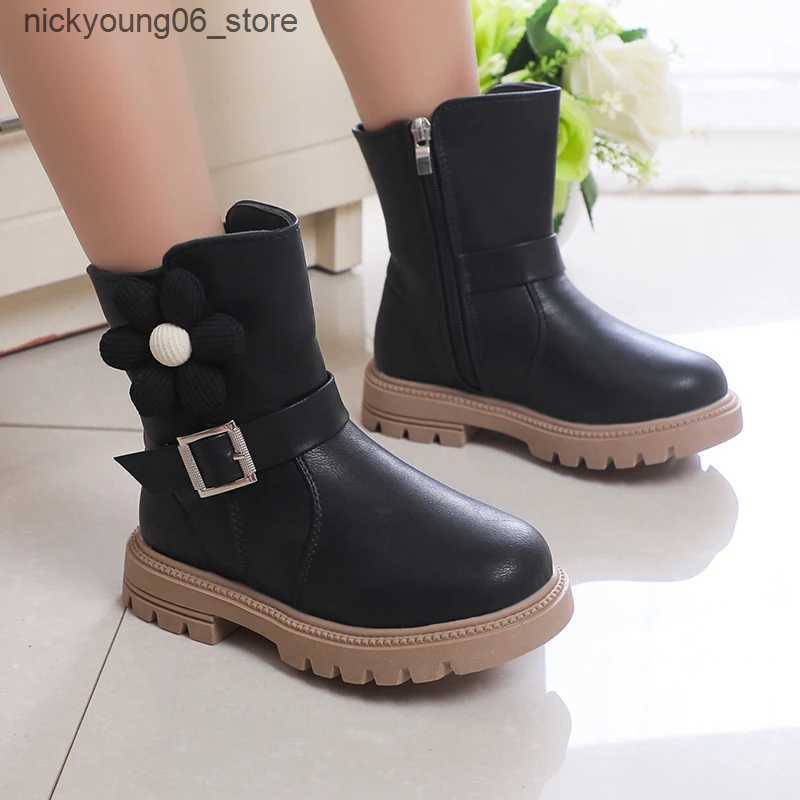 Boots Sweet Princess Boots Flowers Cute Buckle Fashion Kids Shoes Side Zipper Children Casual Shoes PU 2023 New Brown Beige Elegant L240910