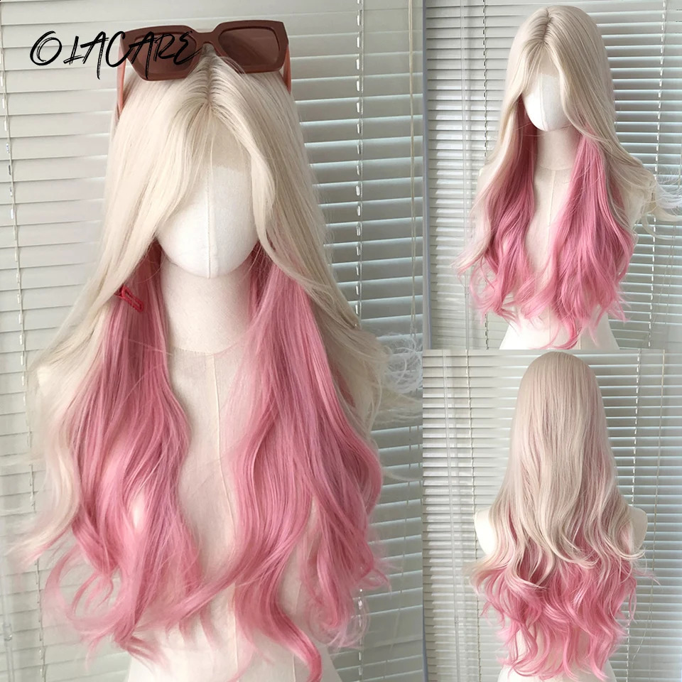 OLACARE Curled Long Wave Pink Blonde Highlight Synthetic Hybrid Wig with Fluffy bangs Suitable for Womens Daily Use 241007