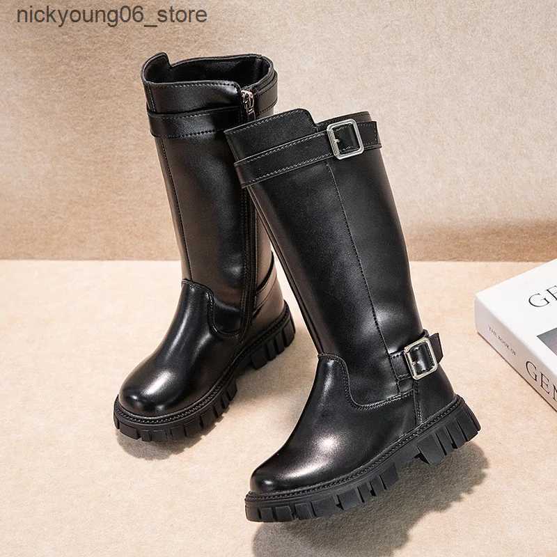 Boots Winter Childrens Boots Black School Girls Long High Boots Fashion Causal Warm Kids Cotton Boots Thick Bottom Mid-Calf Versatile L240910
