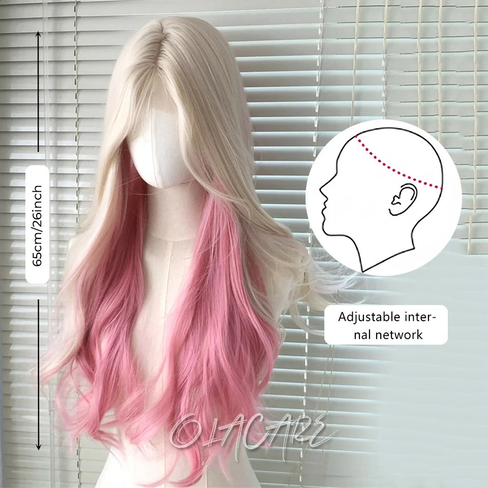 OLACARE Curled Long Wave Pink Blonde Highlight Synthetic Hybrid Wig with Fluffy bangs Suitable for Womens Daily Use 241007