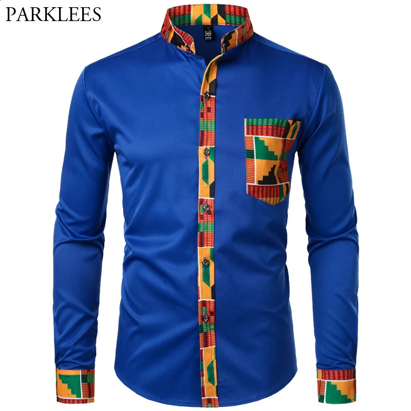Dashiki African mens shirt patch work pocket African print mens Ankara style long sleeved collar mens dress shirt 241008