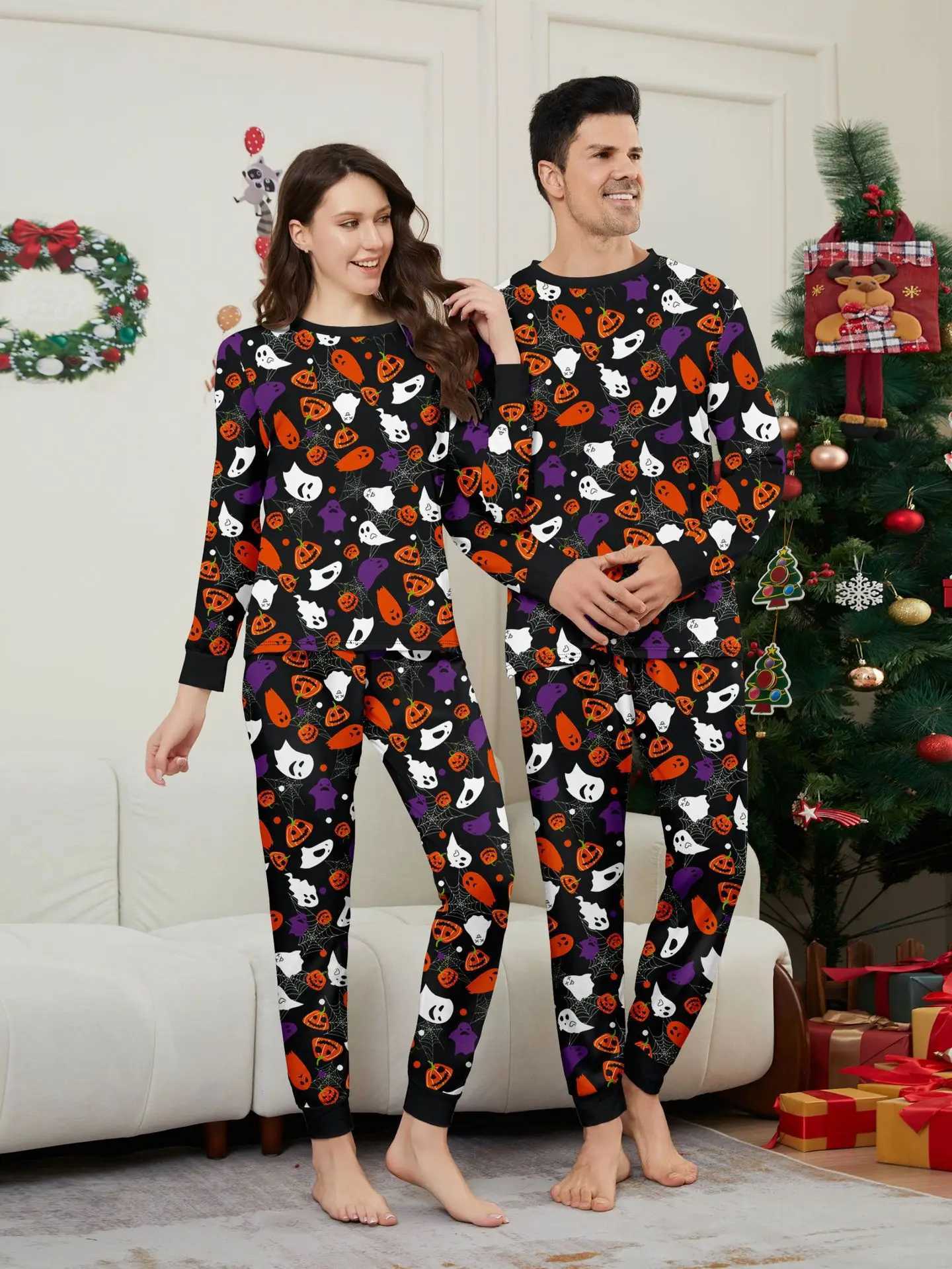 New Family Halloween Matching Outfits Set Pumpkin Demon Print Parent-child Long Sleeve Soft Sleepwear 2 Pcs Family Look PyjamasXJ241008