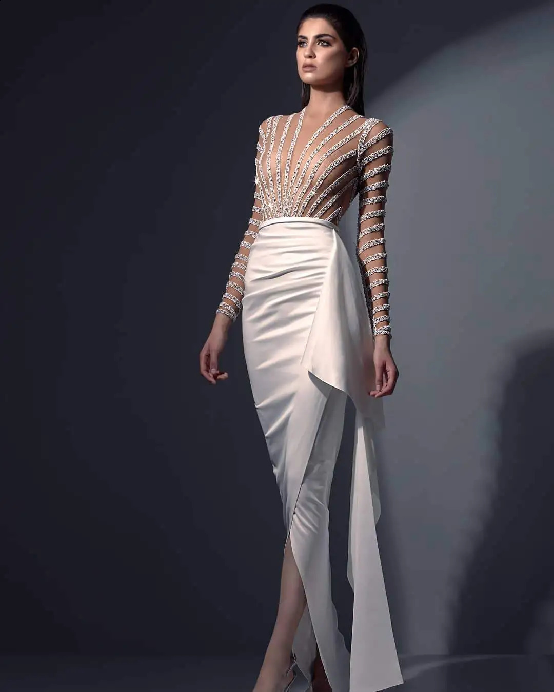 Sexy Ashion sees through elegant split style lesbian long sleeved Vneck striped sexy dress eyecatching sparkling party Vestidos 241007