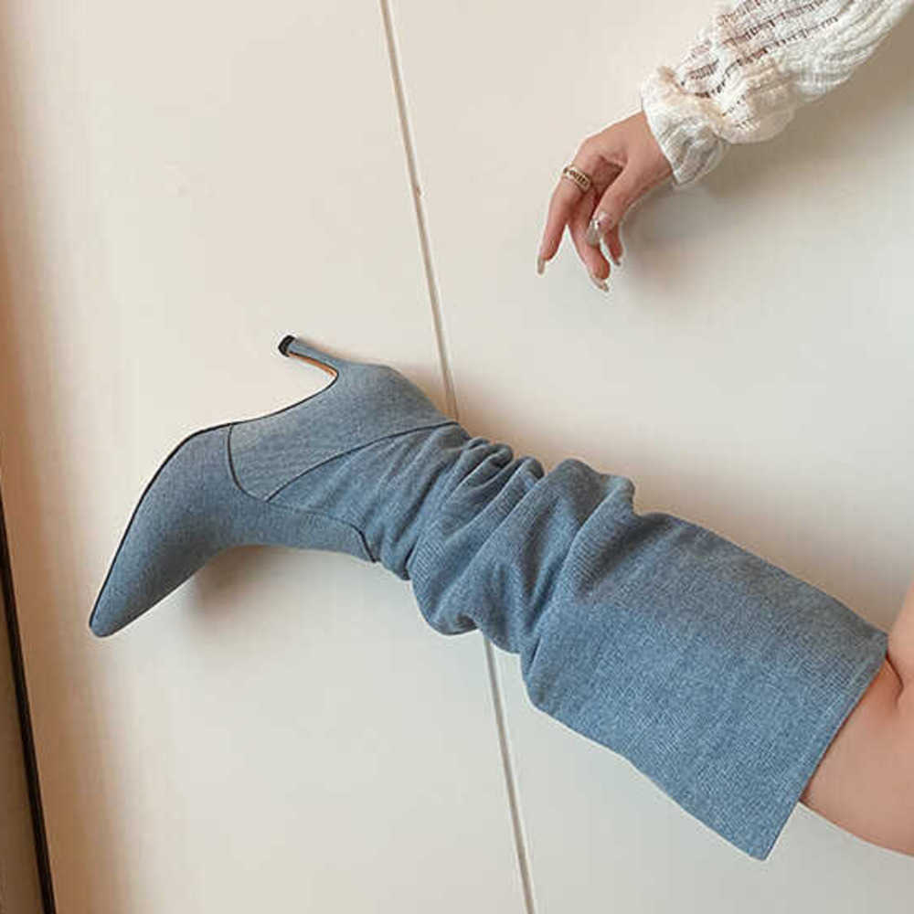 Spicy Girl Style Stacked Martin Boots For Women With Thin Heels Pointed Toes High Heels Long Boots Long Boots Denim Boots 240826