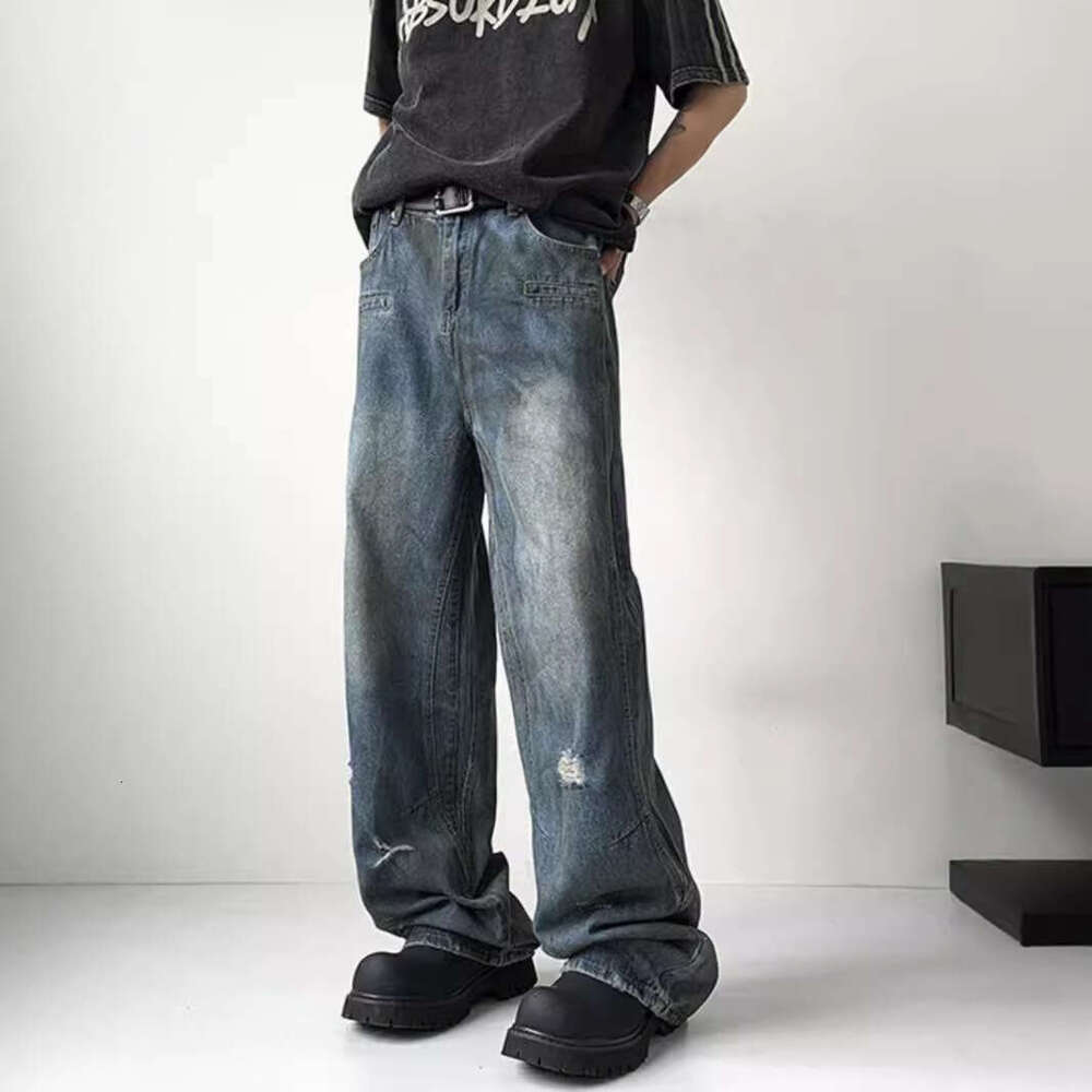 American Washed Denim Jeans For Men In Autumn, Loose Fit, Oversized, Wide Leg, High Street, Rugged And Handsome, Dirty And Worn Straight Leg Pants 1Ed
