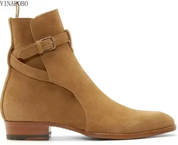 Autumn British Brown Black Frosted Genuine Leather Twist Ankle Buckle Pointed Toe Short Boots Men Cowboy High Top Retro 240924 c54d