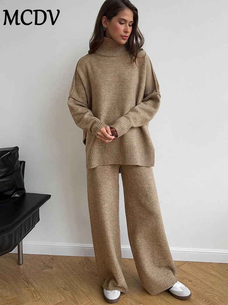 MCDV Autumn/Winter Knitted Two Piece Pants Set Womens Turtle Neck Loose Sweater Wide Leg Pants Matching Pajamas 241007