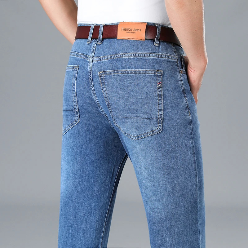 SpringSummer Mens Straight Lightweight Cotton Stretch Denim Business Casual High Waist Thin Grey Jeans 241008