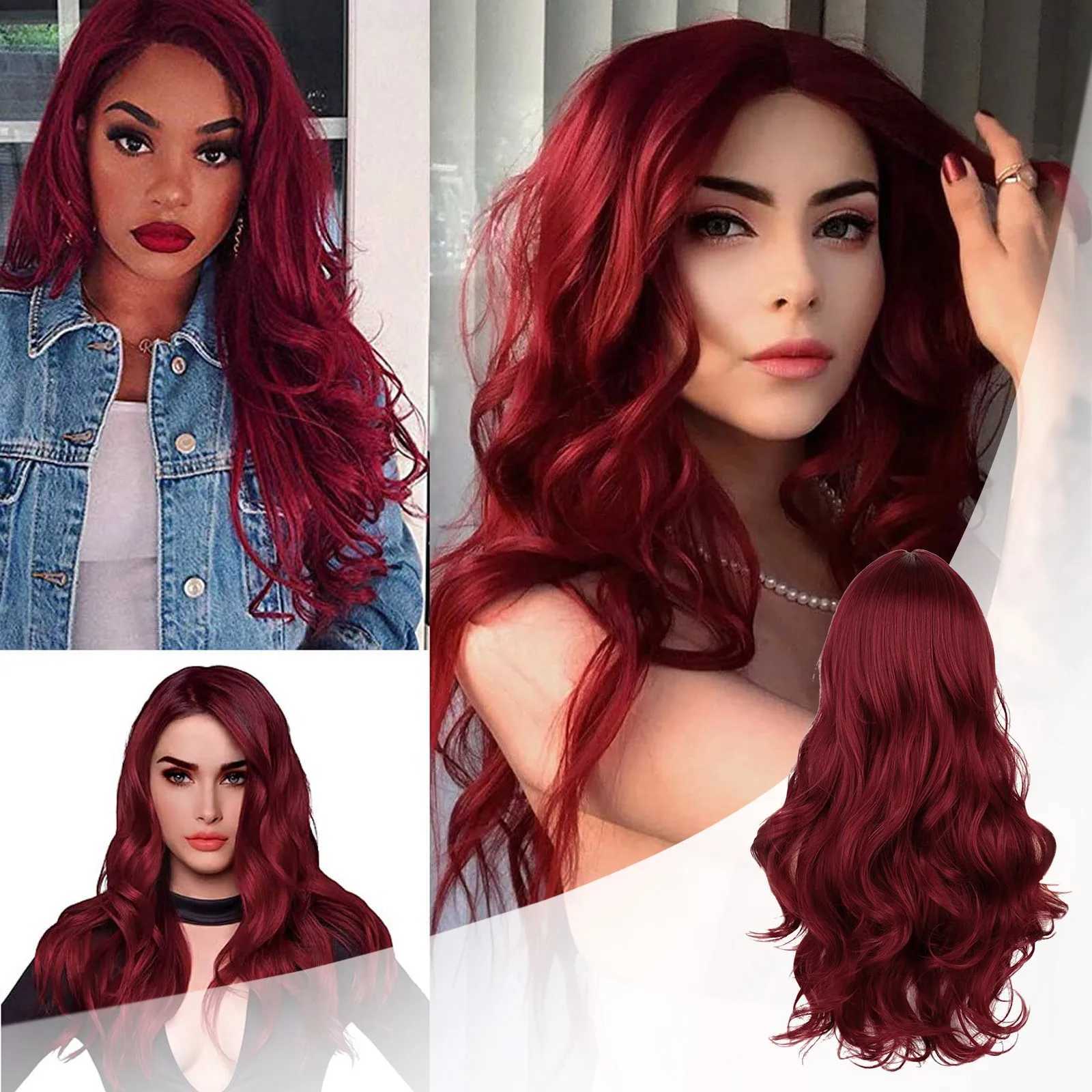 Long Wine Red Lace Front Wig For Women Middle Parts Long Wavy Human Hair Wig With Lace Front Wig Caps Lace Front Wigs for WomenXJ241008