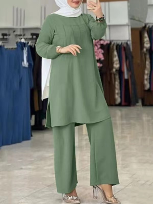 RUKAS Women Two Piece Sets Outifits Fashion Urban Tracksuit Muslim Long Sleeve Blouse Pant Sets Casual Solid Matching Sets 2PCS