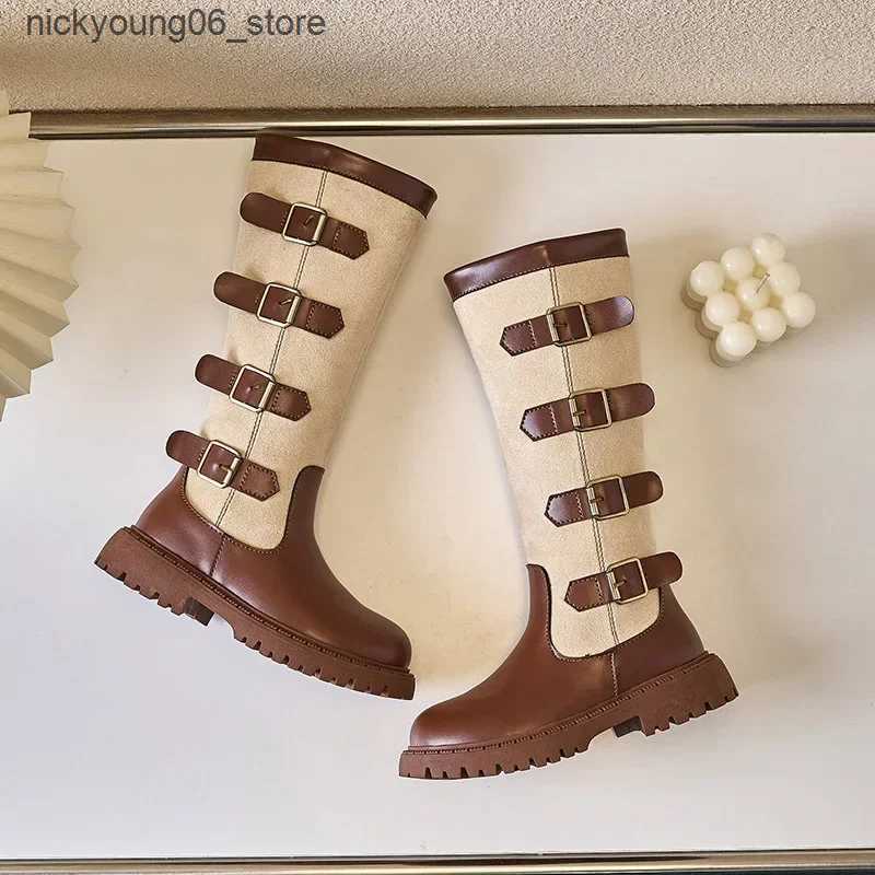 Boots Retro Buckle Girls Long Boots 2024 Autumn New Fashion Knee-length Boots Princess High Top Casual Children Shoes L240910
