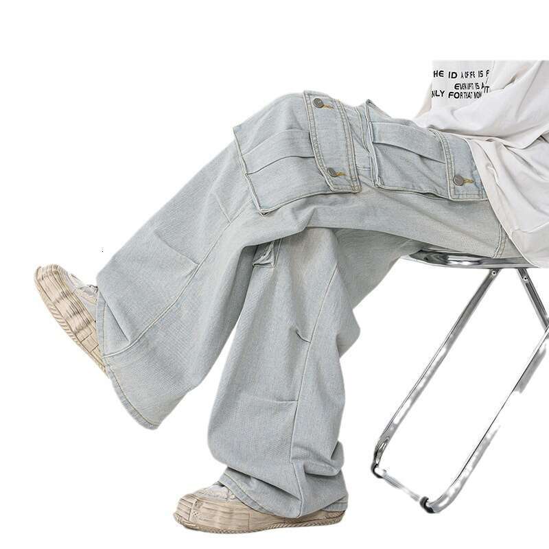 Spring And Autumn Japanese Retro Multi Pocket Workwear Jeans Men's High Street Trendy Brand Retro Loose Straight Leg Wide Leg Pants