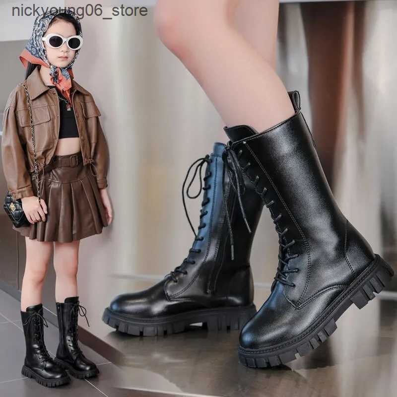 Boots Girls Princess High Boots Black Beige Versatile Kids Causal Boots Spring Autumn Non-slip Childrens Long Boots Solid Color PU L240910