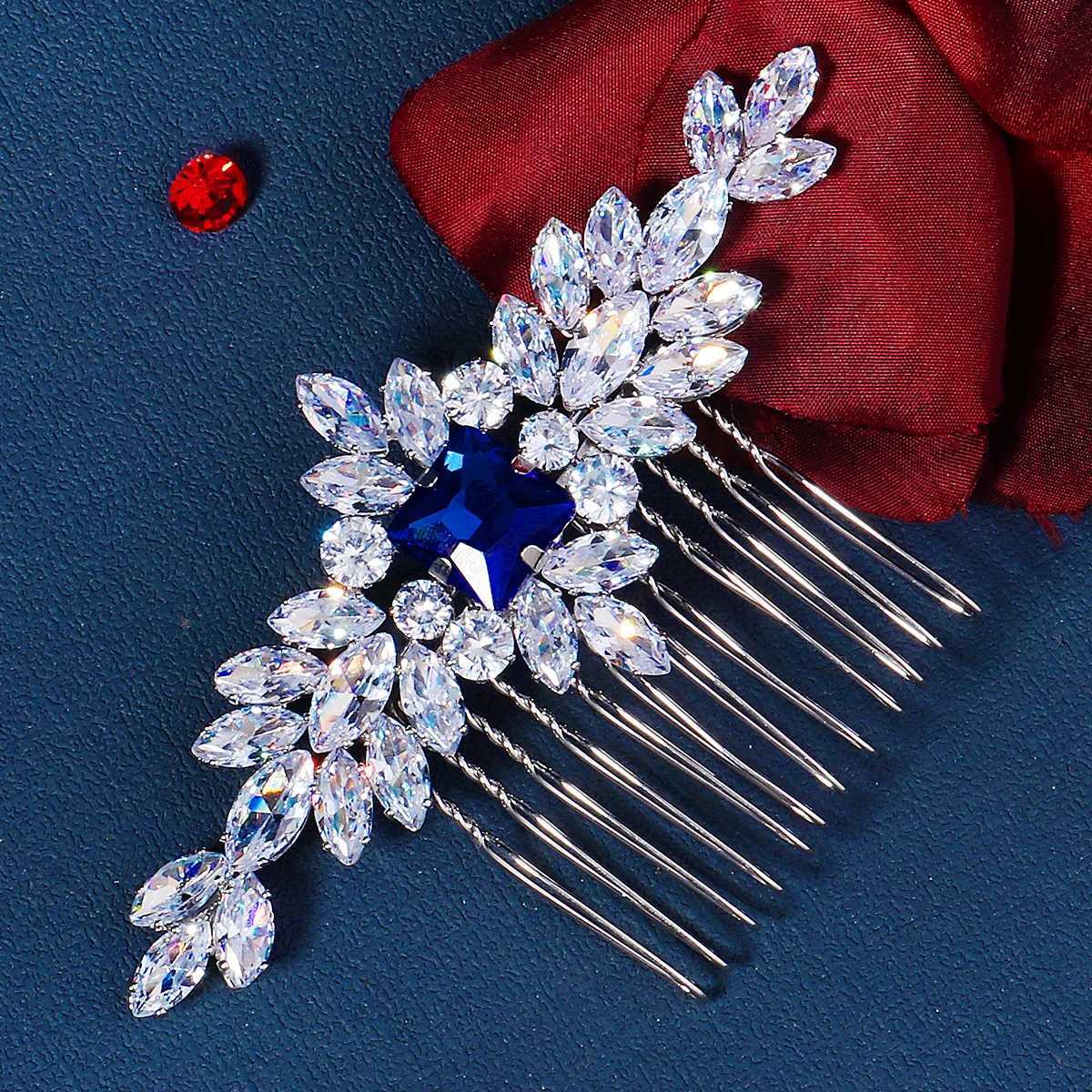 Luxury Silver Handmade Bridal Comb Blue Gemstone Crystal Set Bridal Wedding Plugin Comb Jewelry W241007
