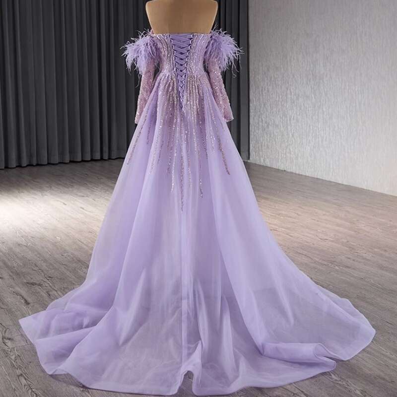 Real Picture Quality Purple Women Evening Dresses Sweetheart Long Sleeves Beading Lace Up Wedding Party Dress Prom Ocn 2025