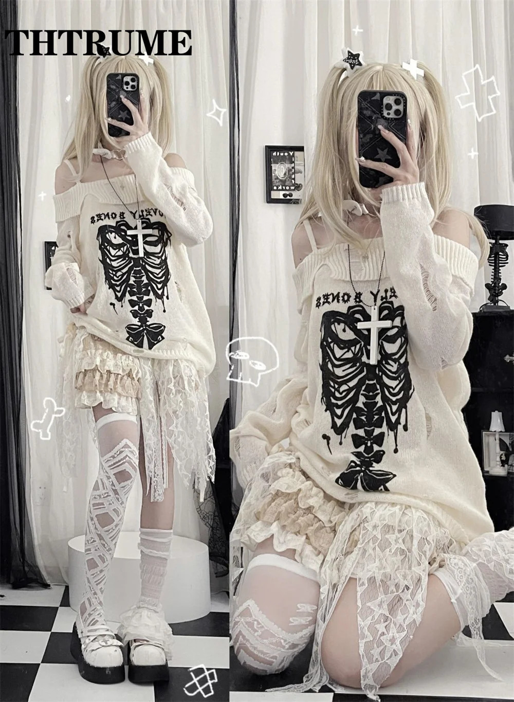Harajuku retro Y2K sweater fashionable womens knitted hollow autumn long sleeved skydiving top casual shoulder loose zipper 240927