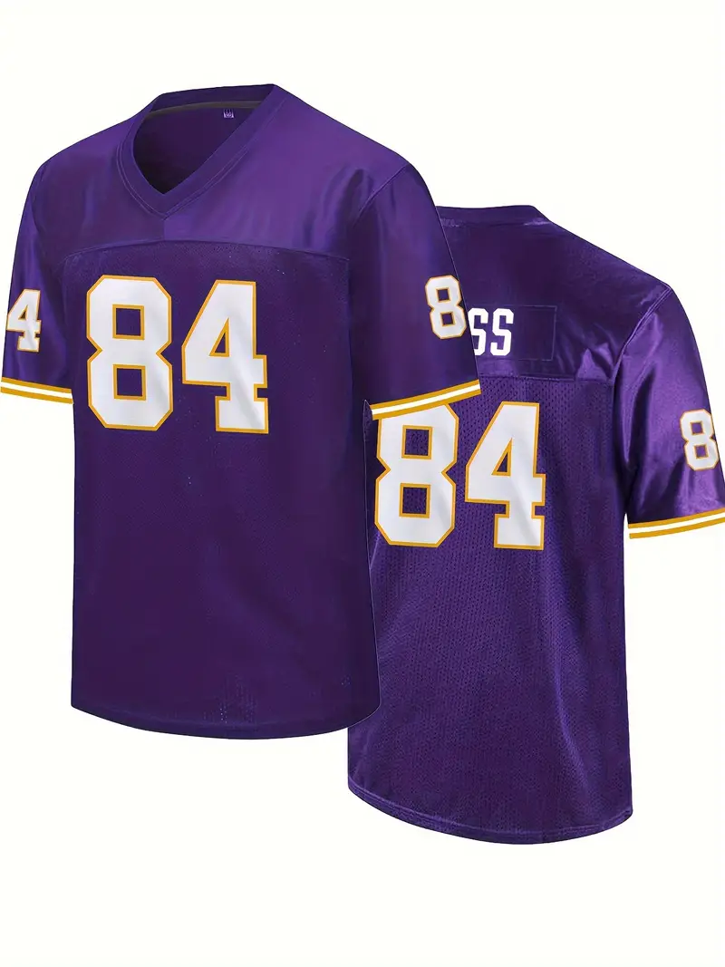 #84 Randy Moss Comfy V-Neck Football Jersey Purple Mesh Embroidery for Training and Competition Breathable Moisture-Wicking American Football Shirt