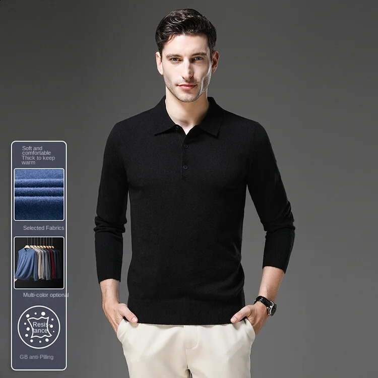 2024 High Quality Casual Mens Polo Sweater Warm Comfortable Long Sleeved Woollen Pullover Lapel Knit 240930