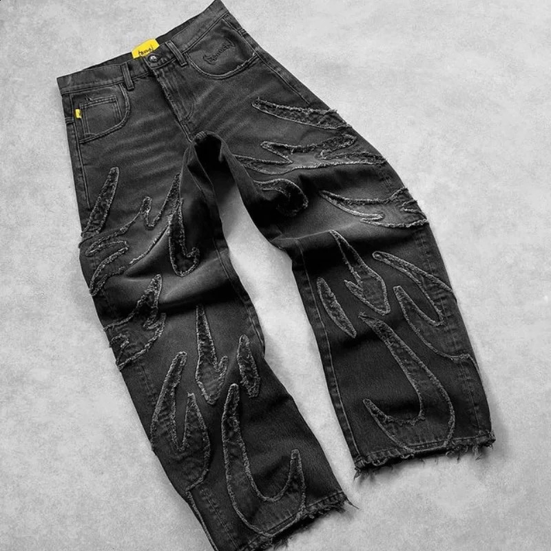 Baggy mens jeans Y2k hip-hop Distressed retro black pants oversized embroidered Harajuku Gothic wide leg Trouser streetwear 241008