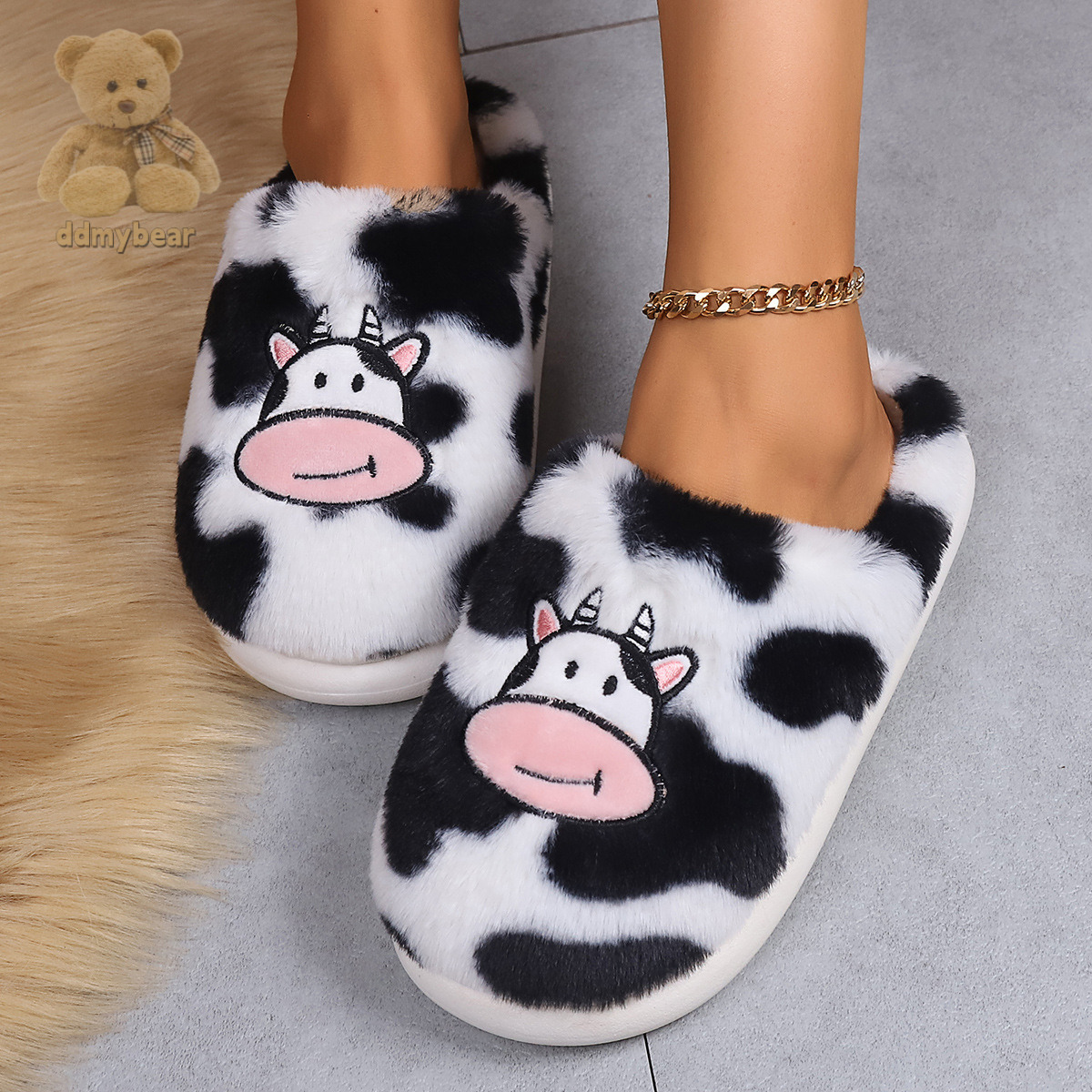 Ddmybear 2023 Cartoon Cow Cotton Slippers Winter Student Korean Edition Indoor Anti Slip Warm Cute Hairy Shoes Chinese Brand Shoes F1008-12.5
