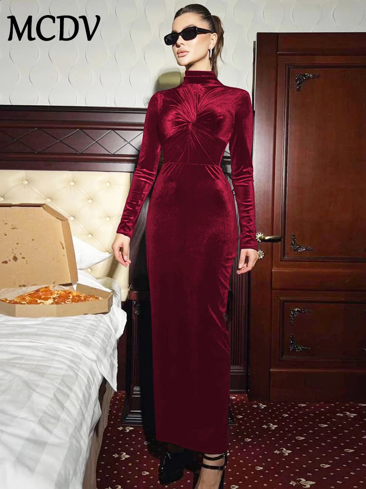 MCDV Velvet Long Dress Womens AutumnWinter Sleeve Twisted Turtle Neck Elegant Party Club Tight Women 241007