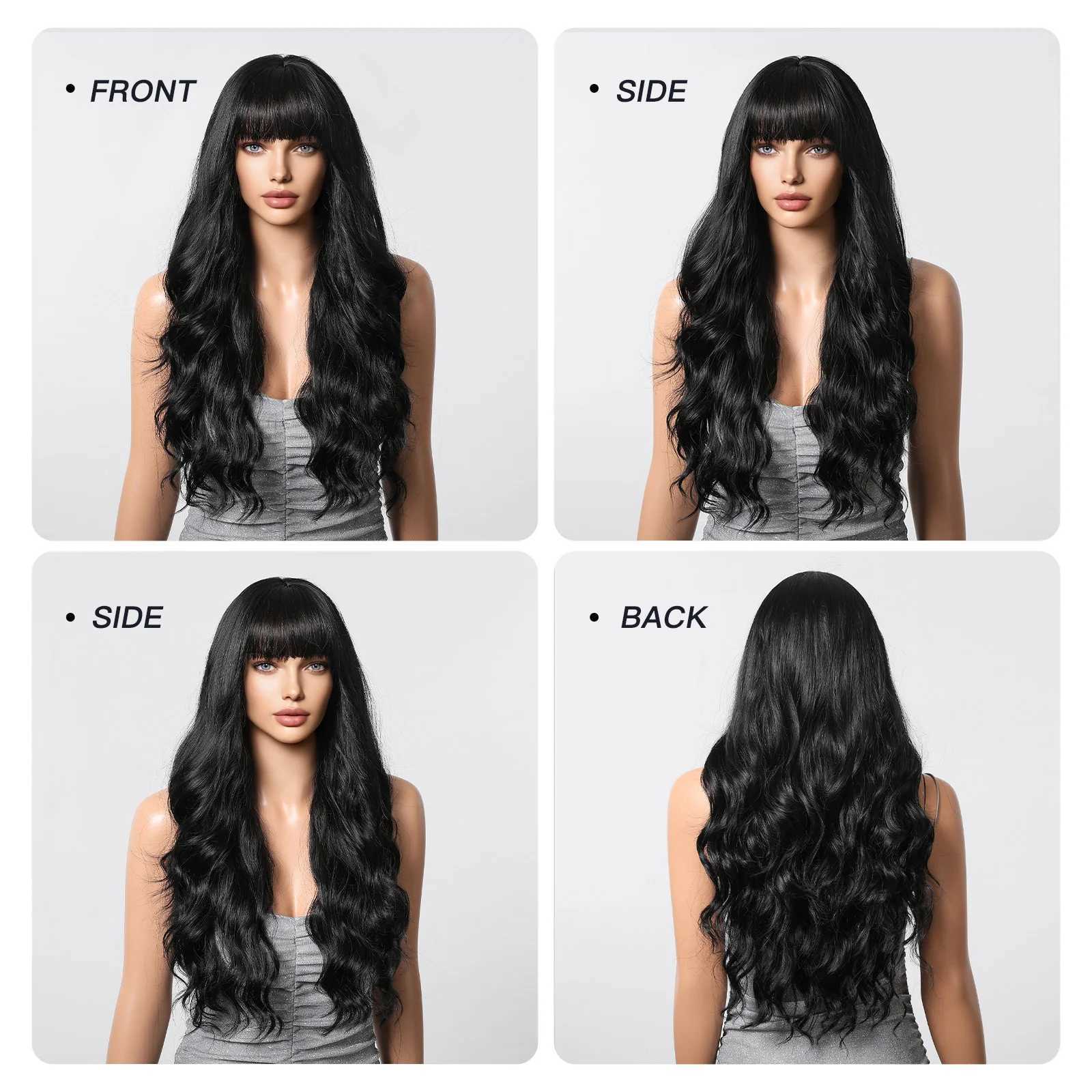 Black Brunette Wigs Long Curly Wavy Synthetic with Bangs Natural Party Daily Wig Hair for White Women Girls Heat Resistant FiberXJ241008