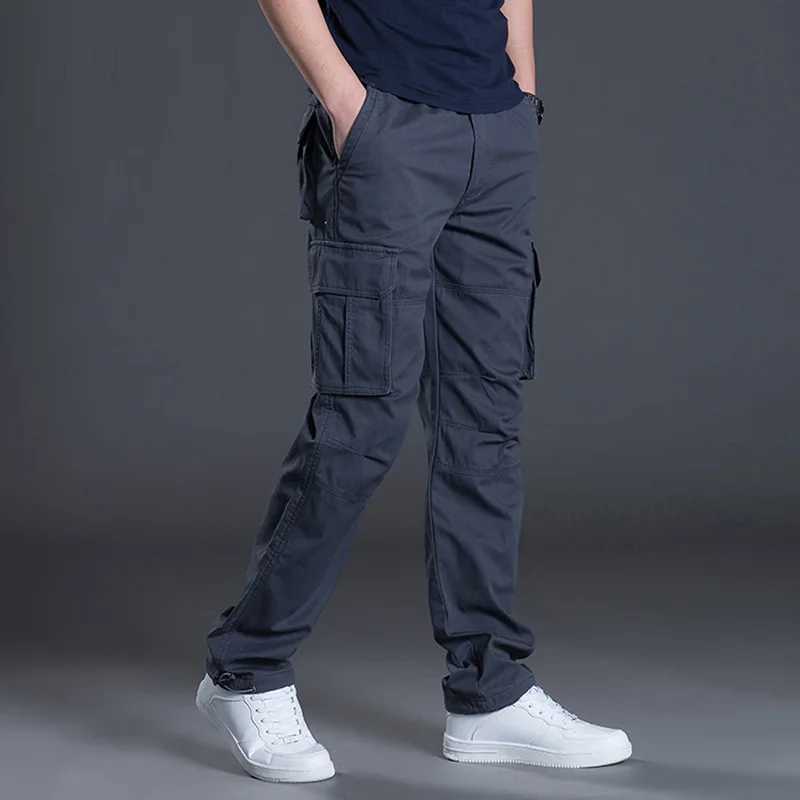Large Pocket Loose Overalls Mens Outdoor Sports Jogging Tactical Pants Elastic Waist Pure Cotton Casual Work PantsX241008