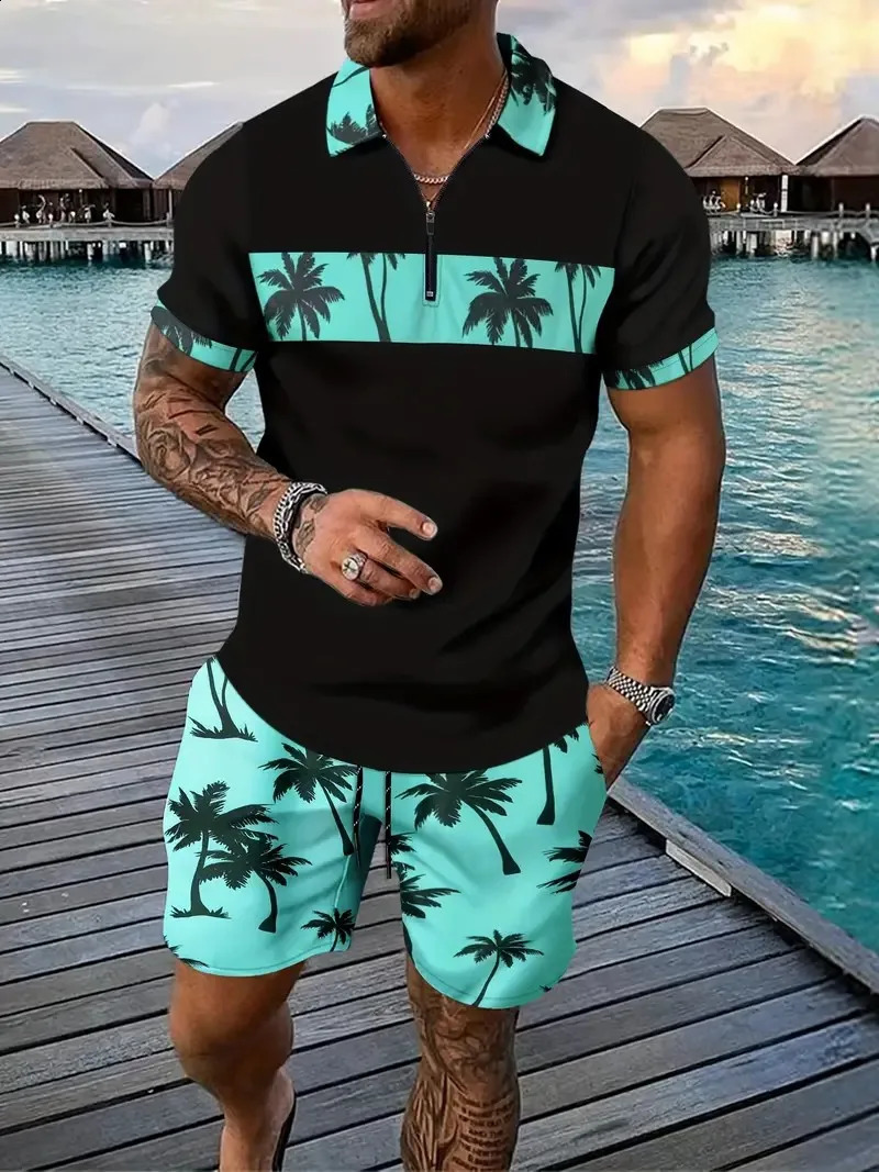 Hawaii 2-piece 3D Coconut Tree Printed Zipper Polo Shirt Short Sleeves and Shorts Casual Fashion Zipper Mens 2PCS Sportswear 240930